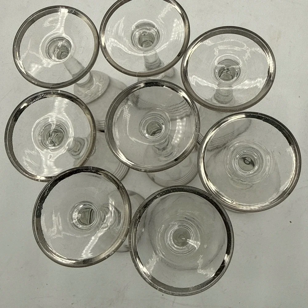 Vintage Mid Century Platinum Striped Wine Glasses Silver Rim Cocktail Stemware 8